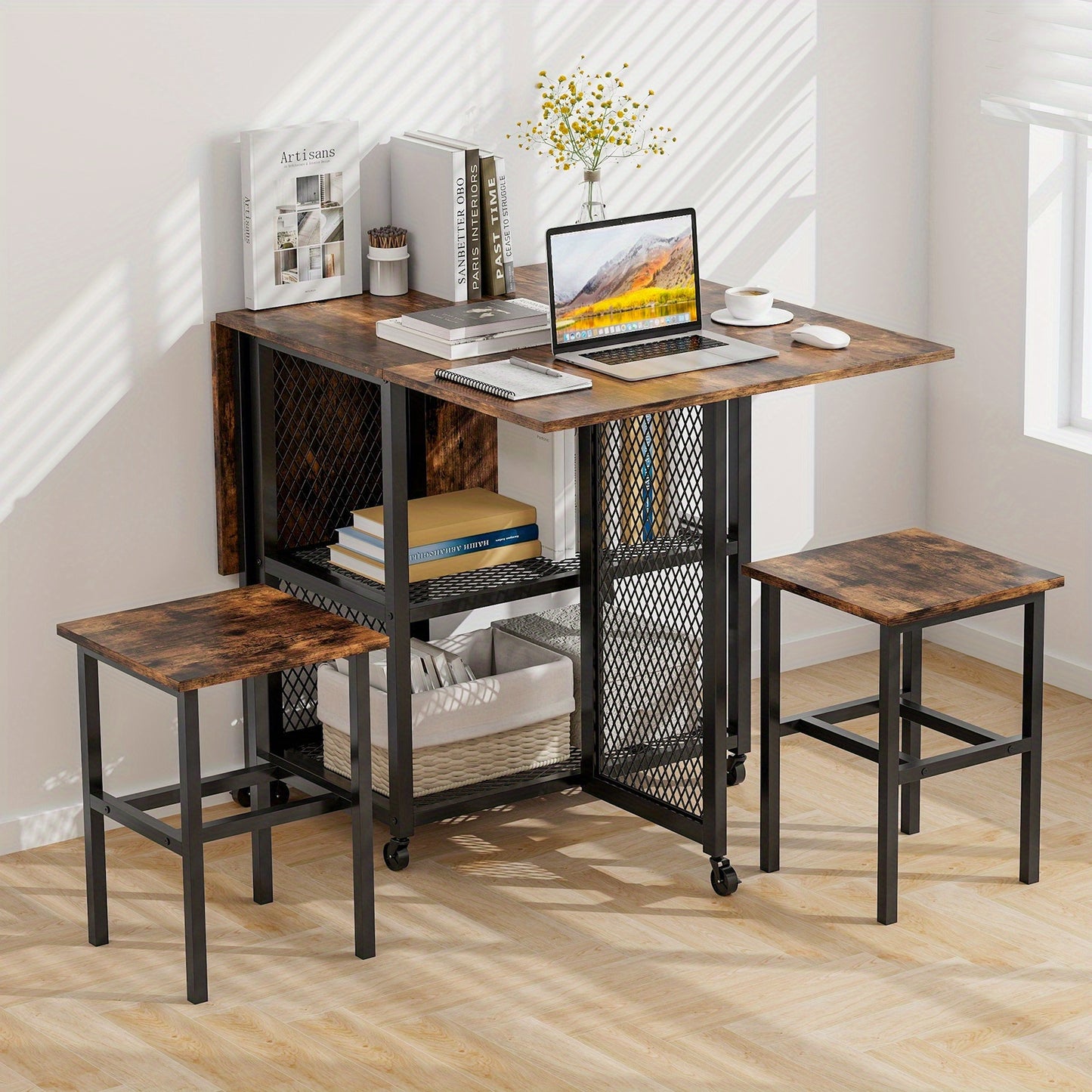 3-delige Opvouwbare Eettafel Set – Uitklapbare Eettafel – Keukentafel – Klaptafel – Stoelenset – Met 2 Krukken – Met Opbergrekken – Vergrendelbare Wielen – Compact Voor Kleine Ruimtes