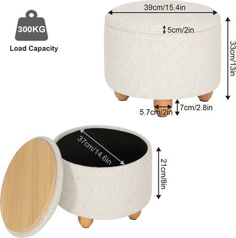 Gestoffeerde poef met opbergruimte – Beige - Multifunctionele poef met opbergruimte op poten – Draagvermogen 300 kg – Bijzettafel & kruk – 33 x 39 cm