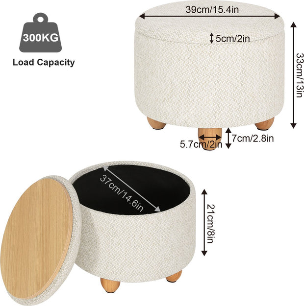 Gestoffeerde poef met opbergruimte – Beige - Multifunctionele poef met opbergruimte op poten – Draagvermogen 300 kg – Bijzettafel & kruk – 33 x 39 cm