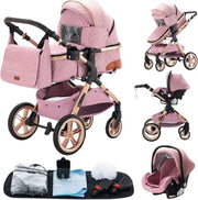 Luxe Kinderwagen - Luxe Kinderkoets - Luxe Babywagen - Luxe Baby Koets - Baby Koets - Kinderwagen - Babywagen - Kinderkoets - Inklapbaar - 3 In 1 - 9KG - Roze