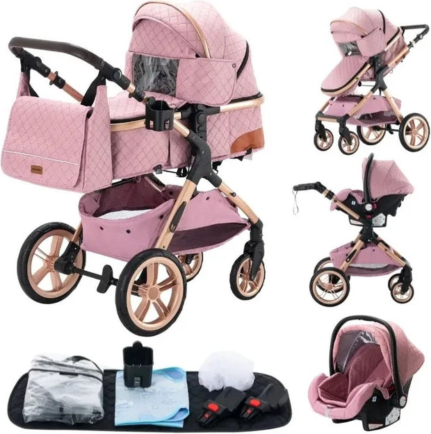 Luxe Kinderwagen - Luxe Kinderkoets - Luxe Babywagen - Luxe Baby Koets - Baby Koets - Kinderwagen - Babywagen - Kinderkoets - Inklapbaar - 3 In 1 - 9KG - Roze