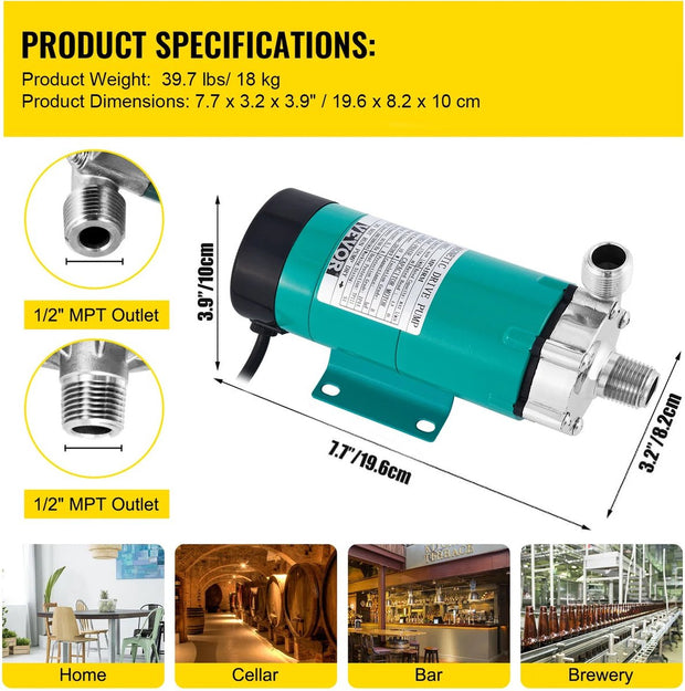 Bier - Bierpomp - Elektrisch - Stille motor -19L/min - Max Opvoerhoogte 3,4m - RVS