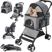 Vouwbare Hondenbuggy - Opvouwbare Dierenwage - voor Honden en Katten - 4-Wiel Dierentransport - Geschikt - voor Huisdieren tot 20 kg - Inclusief Afneembare Dekentje - en Regenhoes - Perfect Cadeau - voor Huisdiereigenaren