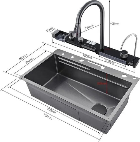 Waterfall Sink Set - Digital Display - Cup Cleaner - Waterfall - Multiple Modes - Cutting Board - Black - Modern - Unique