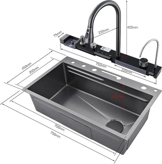 Waterfall Sink Set - Digital Display - Cup Cleaner - Waterfall - Multiple Modes - Cutting Board - Black - Modern - Unique