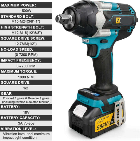 Slagmoersleutel - Elektrische Slagmoersleutel - Slagsleutel - 7200Tpm - 2x Accu - LED - Met Koffer - Blauw