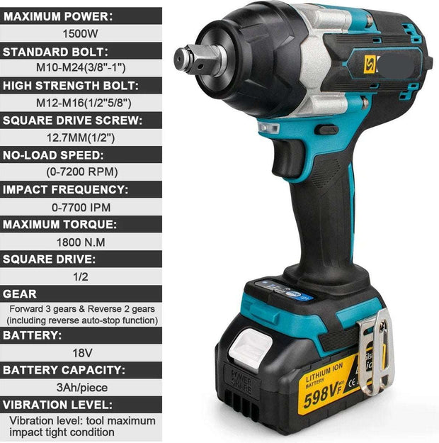 Slagmoersleutel - Elektrische Slagmoersleutel - Slagsleutel - 7200Tpm - 2x Accu - LED - Met Koffer - Blauw