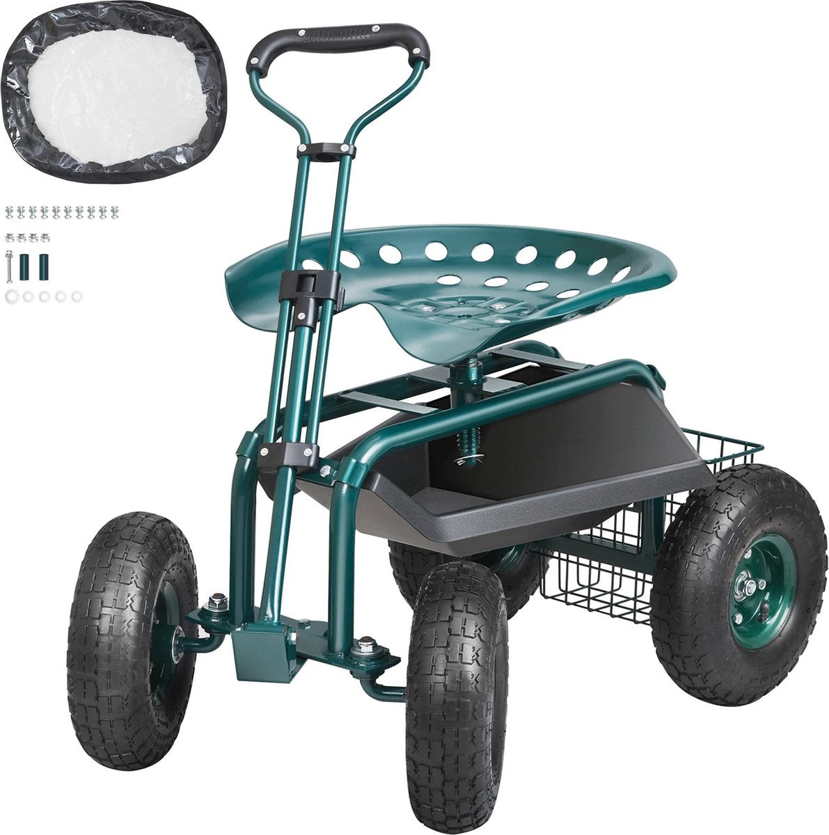 Tuinkar Rollende Werkstoel - Tuinkruk op wielen - 360 Graden Draaibaar - Met Stuur - 136kg Belastbaar - Grote Metalen Bodembak - 76x45x95cm