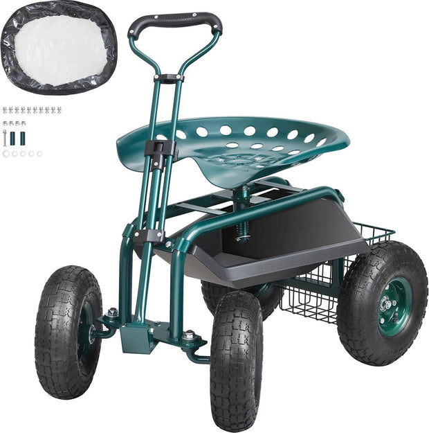 Garden Cart Rolling Work Chair - Garden Stool on Wheels - 360 Degree Rotatable - With Handlebars - 136kg Load Capacity - Large Metal Base Tray - 76x45x95cm