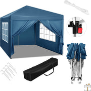 Partytent met zijwanden - Easy up - Opvouwbaar - Paviljoen - Waterdicht weerbestendig - Blauw - 3x3 m