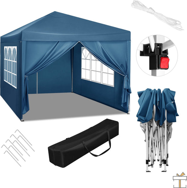 Partytent met zijwanden - Easy up - Opvouwbaar - Paviljoen - Waterdicht weerbestendig - Blauw - 3x3 m