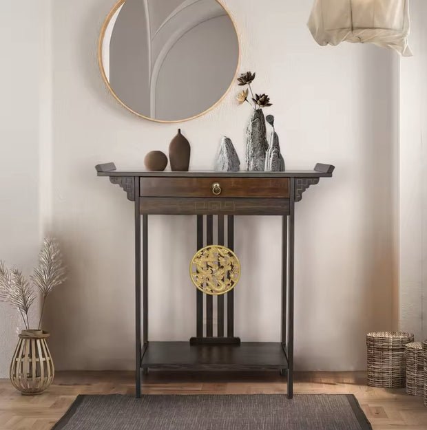 Side table - Hall table - Hall table - Antique look - Dark wood - Bamboo - With drawer - Gold accents - Dark brown