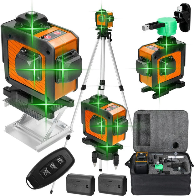 Laserlijn - Kruislijnlaser - 16 Lijnen - 4D - 2x Accu - Afstandsmeter - Groen - Met Accessoires - 360° - 520Nm