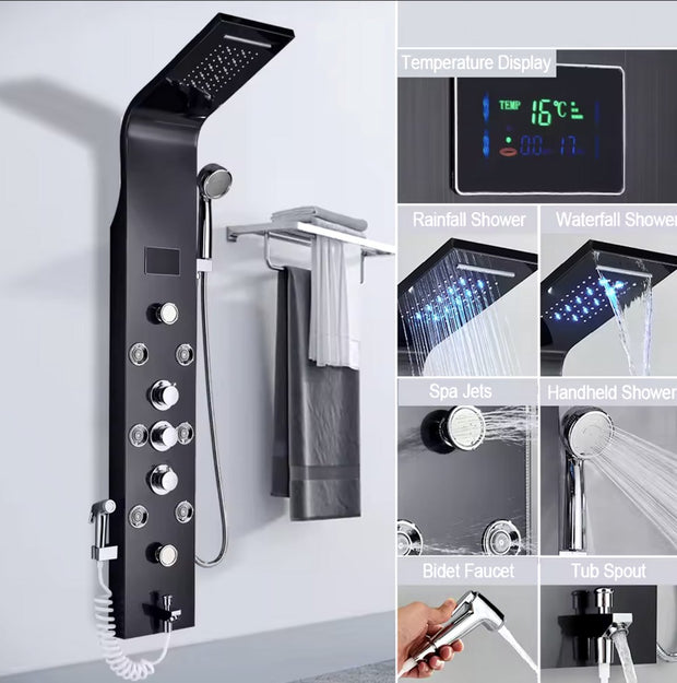 Regendouche - Douchekop - Douchepaneel - 6 in 1 - Regendouche - Waterval douche - Kraan - Bidet - Massage jet - Handdouche - Waterstroom gevoed - Verlichting en LED display - Zwart