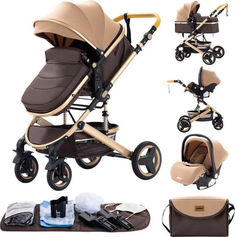 Luxe Kinderwagen - Luxe Kinderkoets - Luxe Babywagen - Luxe Baby Koets - Baby Koets - Kinderwagen - Babywagen - Kinderkoets - Inklapbaar - 3 In 1 - 9KG - Khaki Bruin