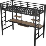 Kinderbed - Zonder Matras - Zonder Stoel - Metalen Bedframe met Bureau en Twee Boekenplanken - Geschikt voor Kinderen - Tieners en Volwassenen - 90x200 cm - Zwart
