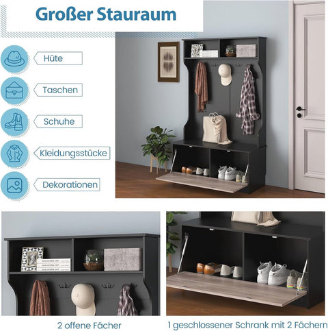 Kapstok met zitbank en 5 haken - Ruimtebesparende Garderobe met Opbergruimte voor Entree en Slaapkamer