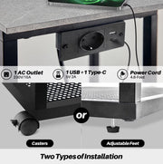 Sidetable - C-vorm eindtafel - Banktafel - Bijzettafel - Op wieltjes - Usb/Usb-c - Stopcontact - Grijs/Zwart