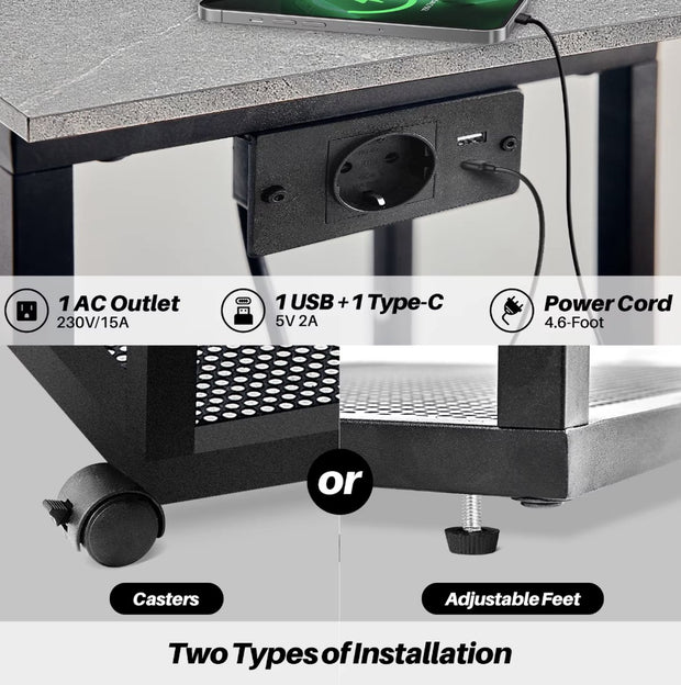 Sidetable - C-vorm eindtafel - Banktafel - Bijzettafel - Op wieltjes - Usb/Usb-c - Stopcontact - Grijs/Zwart