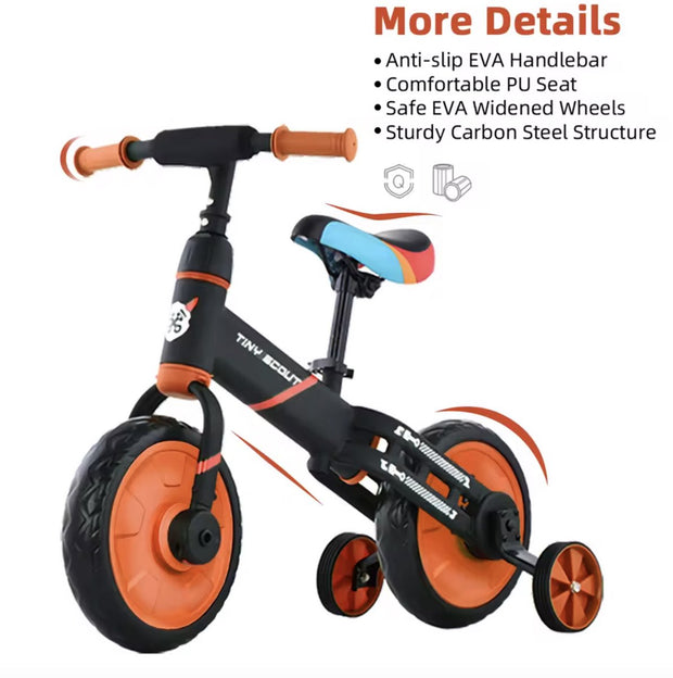 Loopfiets - Kinderfiets - Kleuterfiets - Peuterfiets - 4in1 kinderfiets - Afneembare trappers - Afneembare zijwieltjes - Verstelbaar zadel - Oranje - Zwart