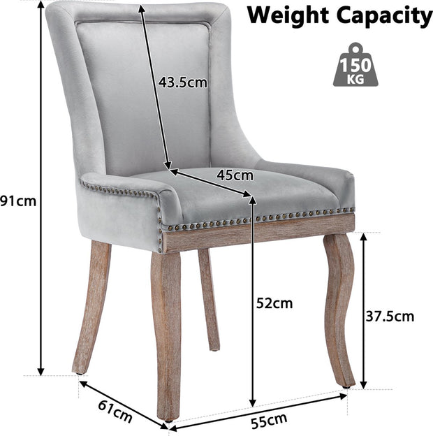 Deluxe Eetkamerstoelen - Grijs (2 stuks) – Gestoffeerde Stoelen met Massief Houten Poten en Fluwelen Bekleding