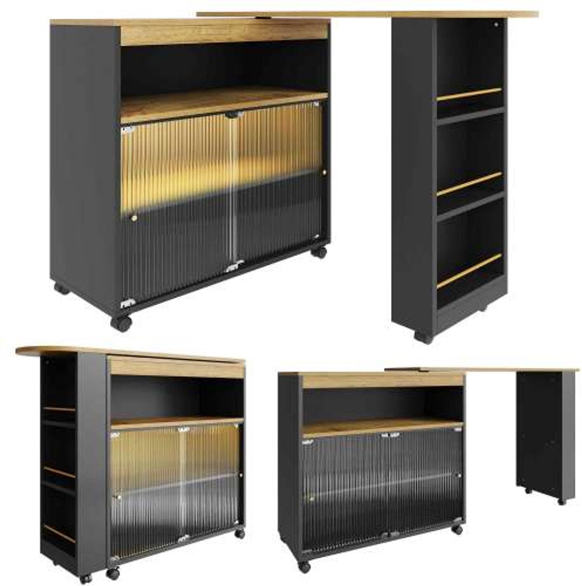 Uitschuifbare Bartafel met Opbergruimte - Moderne Verplaatsbare Bartafel - Telescopische Bartafel met LED - Bartafel - Bistrotafel - Hoge Tafel - Kookeiland - Bistrotafel - (138-204×39×105cm) - Zwart