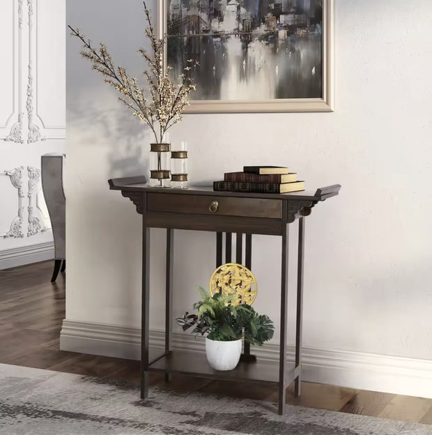 Side table - Hall table - Hall table - Antique look - Dark wood - Bamboo - With drawer - Gold accents - Dark brown