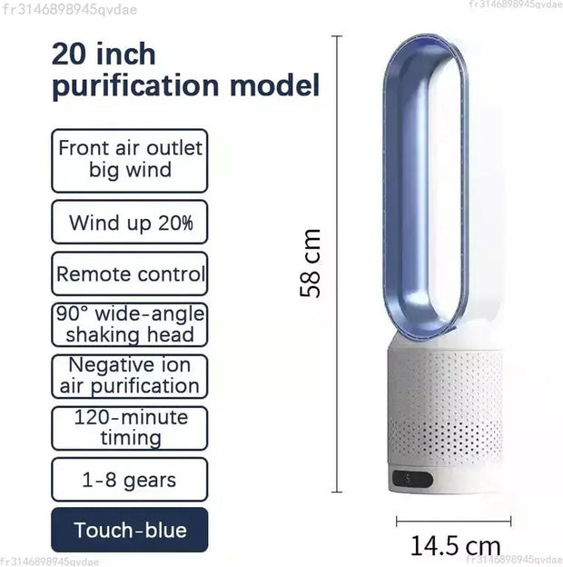 Torenventilator - Torenventilator Inclusief Afstandsbediening - Luchtzuiveraar - Luchtkoeler - Bladloos - 8 Snelheden - Bladloze - Ultra stil - Blauw