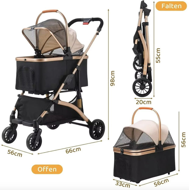 Hondenbuggy - Luxe huisdieren buggy - Buggy - Hondenwagen - Honden en katten - Opvouwbaar - Met opbergruimte - Zilver/Zwart