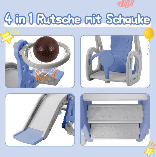 Glijbaan voor kinderen - 4 in 1 kinderglijbaan, schommel met basketbalstandaard, klimladder, schommel, tuinglijbaan voor binnen en buiten