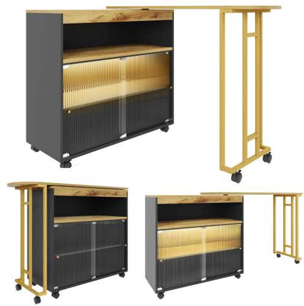 Uitschuifbare Bartafel met Opbergruimte - Moderne Verplaatsbare Bartafel - Telescopische Bartafel met LED - Bartafel - Bistrotafel - Hoge Tafel - Kookeiland - Bistrotafel - (138-204×39×105cm) - Zwart & Goud