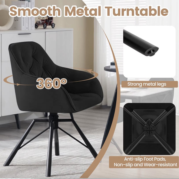 Eetkamerstoel - Set van 2 stoelen - Fluweel eetkamer stoel - Eettafel stoel - Fauteuil - Draaibaar - Velvet - Metalen poot - Zwart