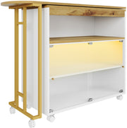 Uitschuifbare Bartafel met Opbergruimte - Moderne Verplaatsbare Bartafel - Telescopische Bartafel met LED - Bartafel - Bistrotafel - Hoge Tafel - Kookeiland - Bistrotafel - (138-204×39×105cm) - Wit & Goud