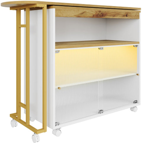 Uitschuifbare Bartafel met Opbergruimte - Moderne Verplaatsbare Bartafel - Telescopische Bartafel met LED - Bartafel - Bistrotafel - Hoge Tafel - Kookeiland - Bistrotafel - (138-204×39×105cm) - Wit & Goud