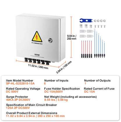 Solar PV-Combinatorbox, 6-Snaar, 15A - Stalen Behuizing - met Bliksembeveiliging - 15A DC - Zekeringen en een Stroomonderbreker Ondersteunt - IP65 Stof- en Waterbarrière - voor Zonne-Energiesystemen op en Buiten het Elektriciteitsnet