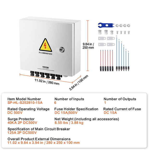 Solar PV-Combinatorbox, 6-Snaar, 15A - Stalen Behuizing - met Bliksembeveiliging - 15A DC - Zekeringen en een Stroomonderbreker Ondersteunt - IP65 Stof- en Waterbarrière - voor Zonne-Energiesystemen op en Buiten het Elektriciteitsnet