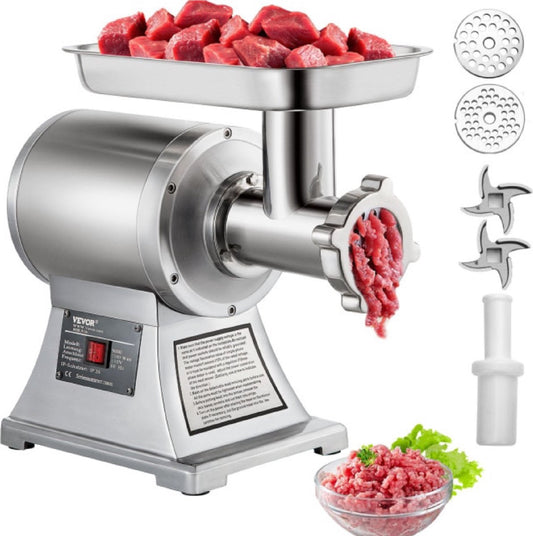 Electric Meat Grinder - Mincer - 250kg/Hour - Stainless Steel Grinding Blades - 2 Grinding Discs - Extra Parts - 1100 Watt - Silver