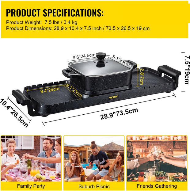 Elektrische BBQ - Pan Grill en Hot Pot - Krachtig 2400W - Draagbaar en Rookvrij - Afneembare Anti-aanbaklaag - BBQ - Gourmet - Grill - Kookgerei - Koken - Grillen