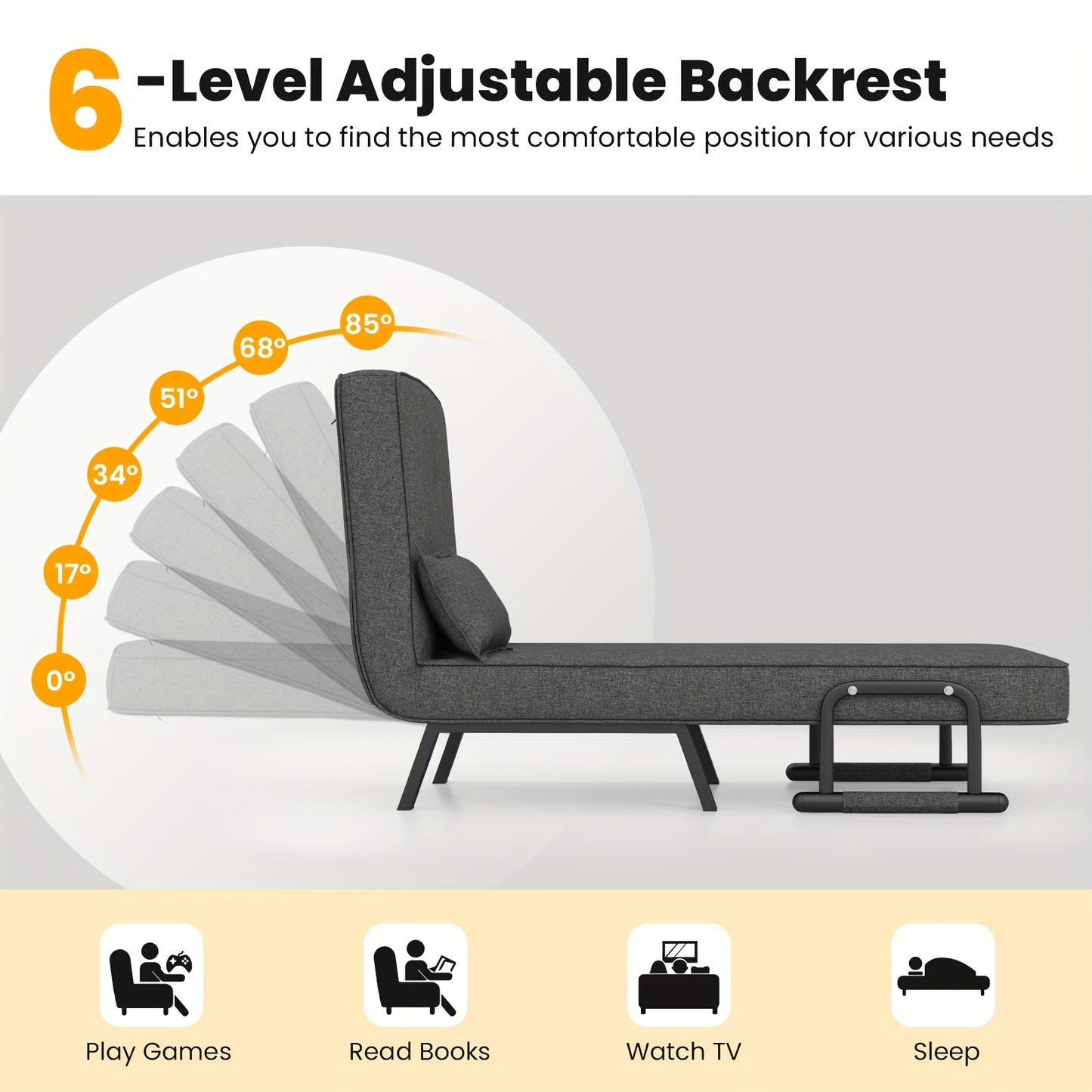 Convertible Sofa Bed, Tri-Fold Single Sleep Chair W/ 6 Positions Adjustable Backrest, Removable Pillow & Upholstered Seat, Sturdy Metal Frame, Folding Chaise Lounge Couch for Home & Office