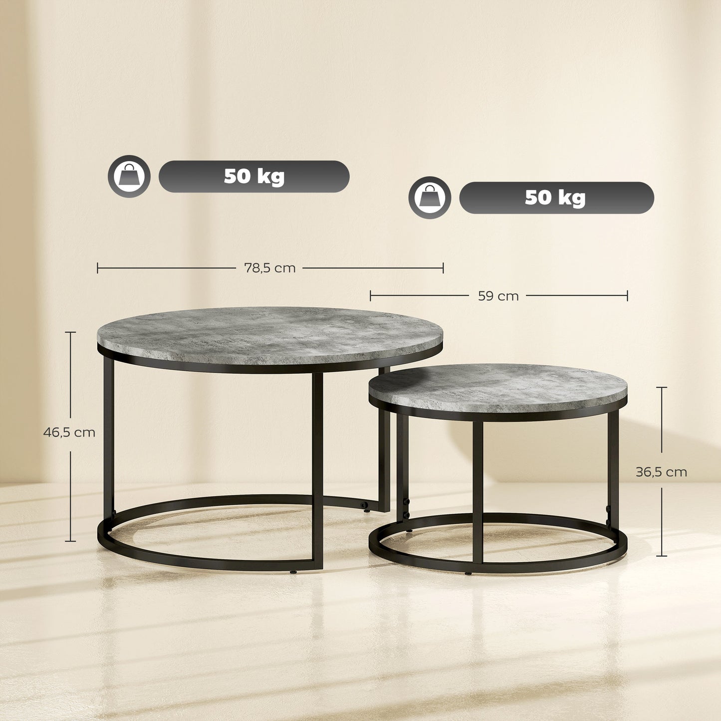 Bijzettafels – Salontafel – Side Table – Nachtkastje – Tafelset – Industrieel Design – Metalen Frame – Cement Look – Ruimtebesparend – Duurzaam MDF