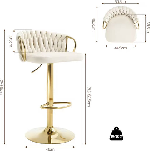 Luxury bar stool - Velvet Bar Stool - Set of 2 - Braided - Height adjustable - 360 degree rotatable - Velvet - Gold leg - Cream White