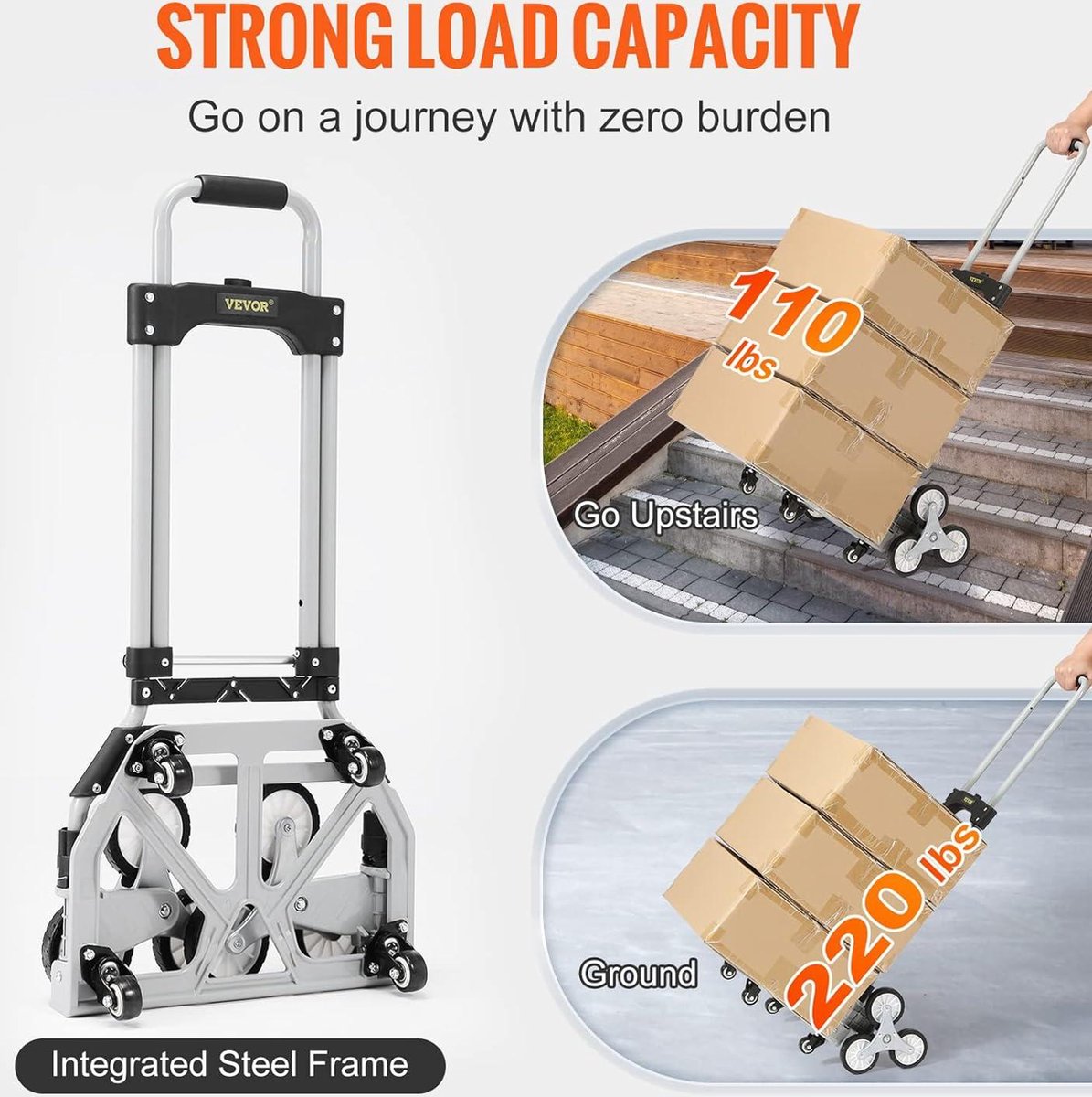Trappentroler - 50-100 kg - Steekwagen Trap - Opvouwbaar Aluminiumlegering - In Hoogte Verstelbare Handgreep - 82-116 cm - 4 Universele Wielen - 39 x 27 cm - voor Magazijnen - Luchthaven - Winkelcentrum