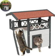 Kattenhuis - voor Buiten – Duurzaam Houten Hok - met 2 Verdiepingen – Ruime Kooi - Bench en Ren – Weerbestendig en Comfortabel – Wit