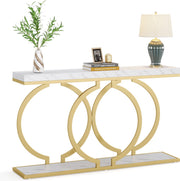 Consoletafel - Sidetable - met O-vormige Gouden Metalen Poten - Haltafel - Wandtafel - 140x30x80 cm - Goud en Wit - Metaal en Hout - Modern - Console Tafel