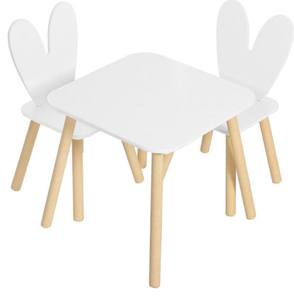 Kindertafelset met stoelen - Activiteitentafel voor kinderen - Creatieve speelset - Veilig en duurzaam - Met rugleuningen in de vorm van konijnenoren - Ideaal voor kinderkamers en babykamers - Witte tafel en 2 stoelenset - Konijnentafelset