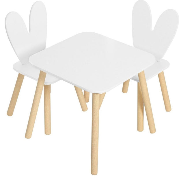Kindertafelset met stoelen - Activiteitentafel voor kinderen - Creatieve speelset - Veilig en duurzaam - Met rugleuningen in de vorm van konijnenoren - Ideaal voor kinderkamers en babykamers - Witte tafel en 2 stoelenset - Konijnentafelset