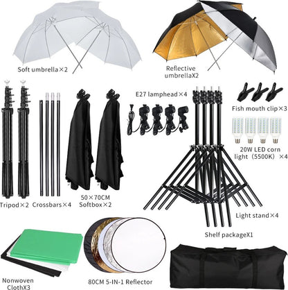 Photo Studio Softbox Lighting Kit with Background Frame - Backdrop System - Studio Photography - Includes 3 Backdrops, Tripod, Reflector Board and 4 Umbrellas - Complete Set