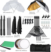 Fotostudio Softbox Verlichtingskit met Achtergrondframe - Achtergrondsysteem - Studio Fotografie - Inclusief 3 Achtergronden, Statief, Reflectorbord en 4 Paraplu's - Complete Set