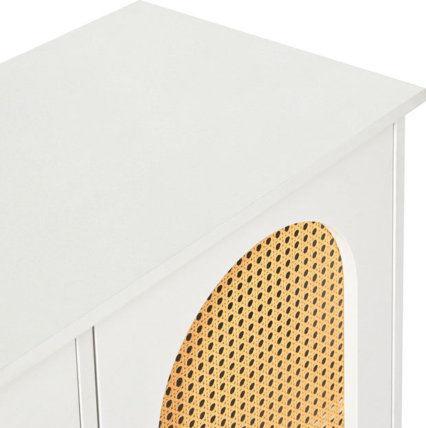 Dressoir - Wit - met 3 Deuren - Veel Opbergruimte - Kunstrotan Deuren en Metalen Handgrepen - is een Accentstuk in de Eetkamer - Woonkamer en Keuken