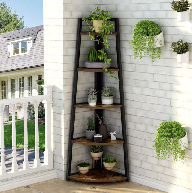 Bookcase - Corner cabinet - Cabinet with shelves - Quarter circle - 5 shelves - Industrial - Wood and metal - Brown/Black